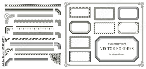 set or collection of 10 seamlessly tiling vector borders for labels, frames, covers, packaging design and more, seamless design elements with corners