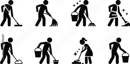 Icons of people cleaning with brooms mops and buckets