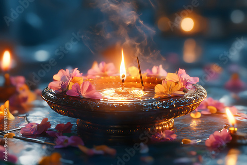Lit diya with floating flowers in water flame puja