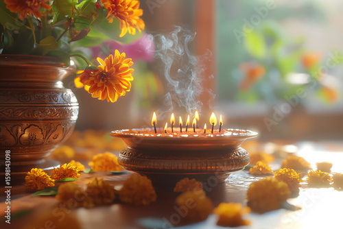 Lit diyas and marigold flowers in a puja thali floral arrangement