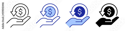 Cashflow icon set in outline and flat style. Black and Blue cash flow symbols isolated on white background. Money transaction vector sign.