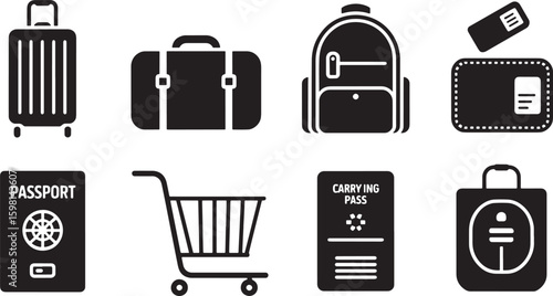 Travel Essentials Vector Set Luggage, Passport, and Shopping Cart Icons for Trip Planning