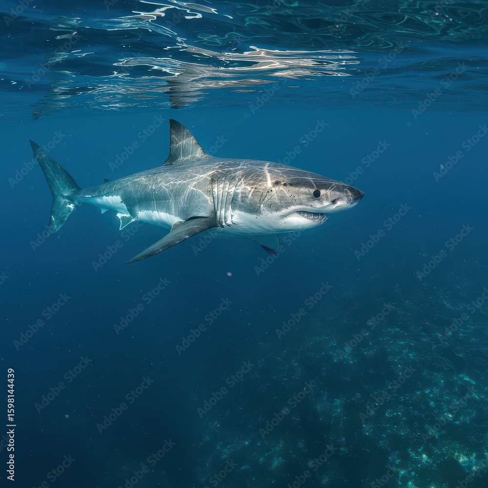 Fototapeta premium A powerful great white shark glides through clear ocean water, showcasing its strength and sleek profile in the wild.
