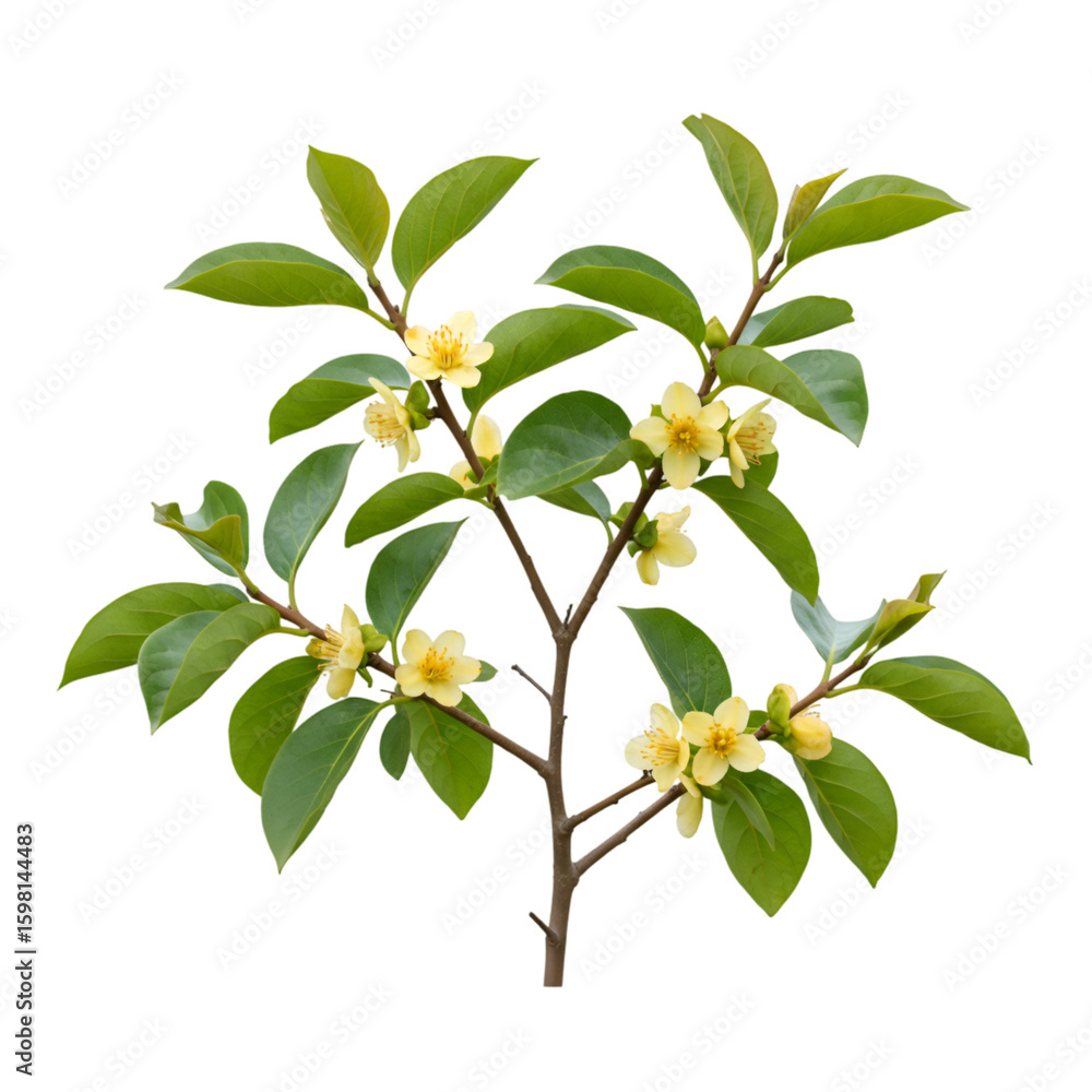 Fototapeta premium Isolated Branch with Yellow Persimmon Flowers on Transparent Background