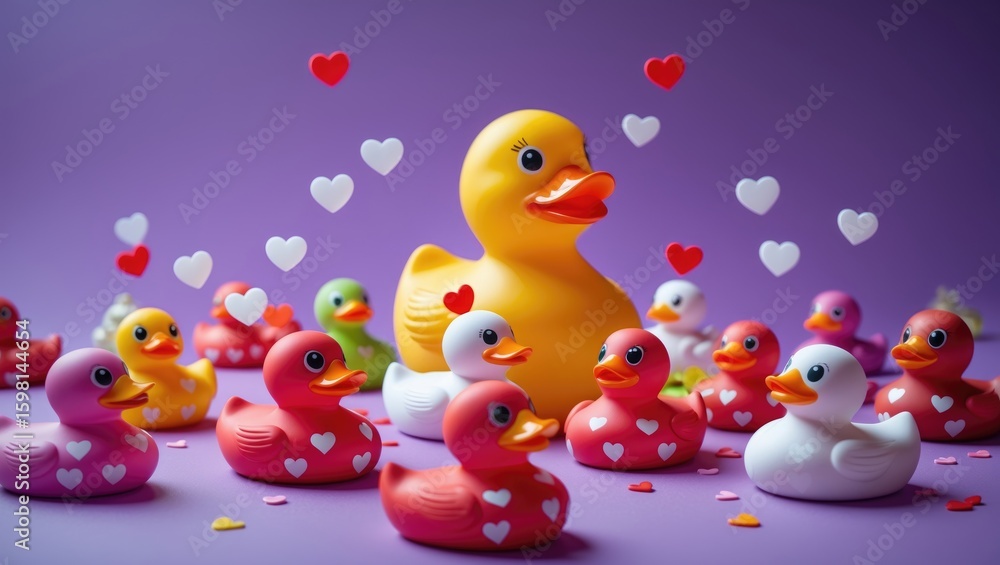 A collection of rubber duck toys with hearts floating around them on a purple background. A collection of rubber duck toys with hearts floating around them on a purple background.