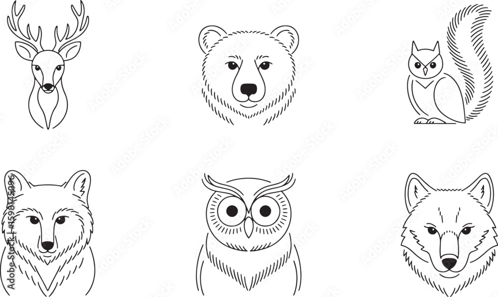 Obraz premium Elegant Forest Animals Line Art Collection Deer Bear Squirrel Fox Owl Vector Illustration