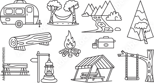 Camping Adventure Icons Set Outline Style Campervan Hammock Mountains Bonfire Lantern Swing