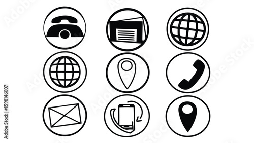 Collection of black and white contact icons in circles representing communication methods and location services