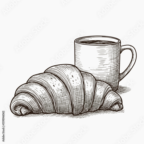 Sketch  Croissant e caneca de café desenho à mão retro ilustração em preto e branco vetor svg