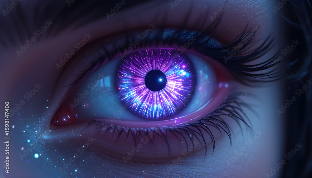 Fototapeta premium Fantasy Cosmic Eye with Neon Light Explosion - Futuristic Close-Up