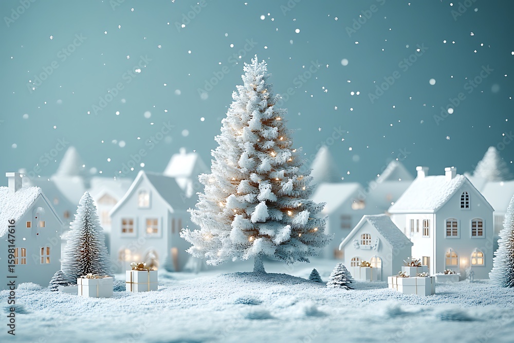 Naklejka premium Snowy village with decorated Christmas tree and presents winter