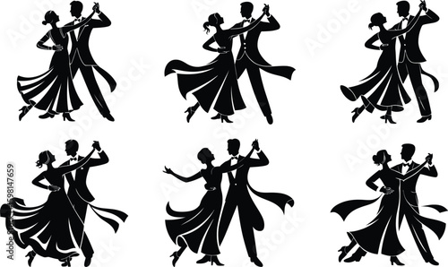 Elegant silhouettes of couples dancing ballroom styles