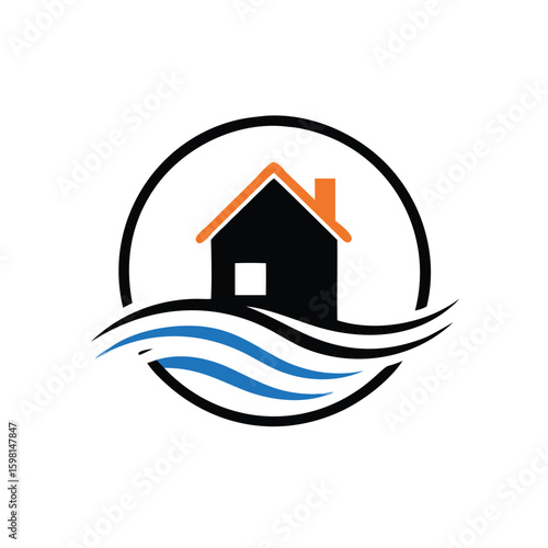 Isolated house illustration surrounded by black circular lines and blue waves shows clean transparent backdrop