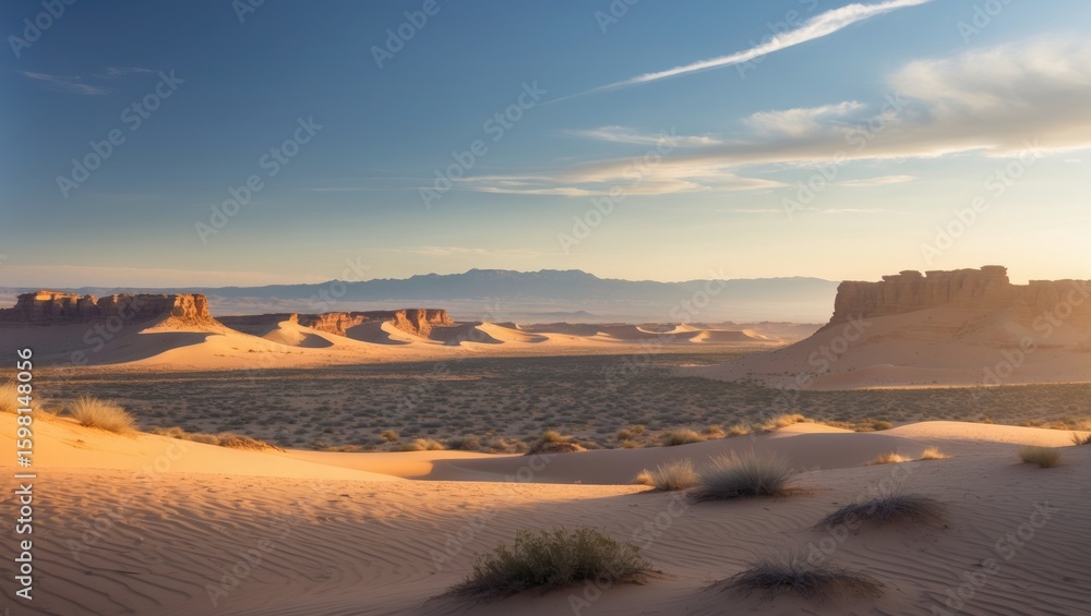 Obraz premium Desert landscape with sand dunes and rock formations under a blue sky.