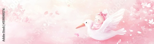 Pink Watercolor Baby Girl on Stork, Baby Shower, Watercolor Art Baby, Girl