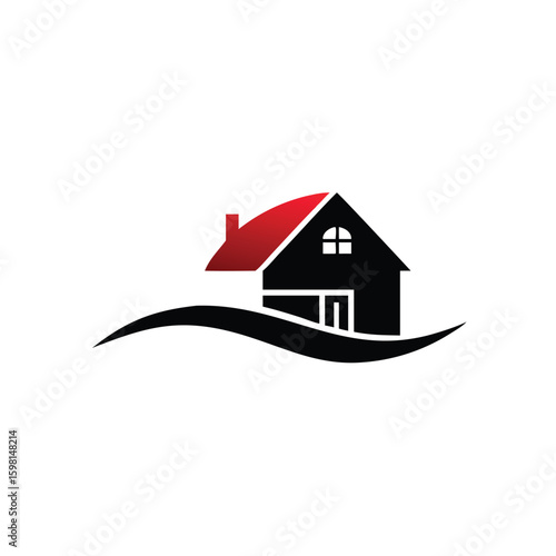 Home stands out with a red roof and a black frame amidst white space