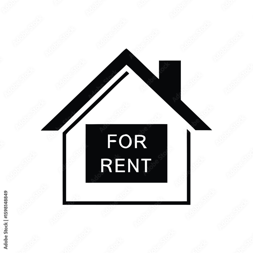 Black house silhouette displays the phrase for rent in a dark square over white Black house silhouette displays the phrase for rent in a dark square over white