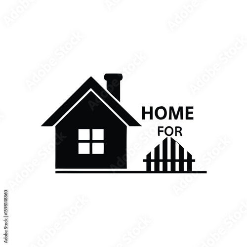 Minimalist black silhouette house icon illustrates a home with fence and transparent background