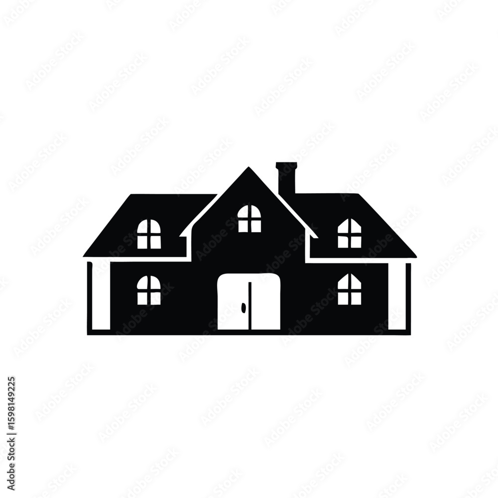 House silhouette features a chimney, windows, and doors isolated on a transparent background House silhouette features a chimney, windows, and doors isolated on a transparent background