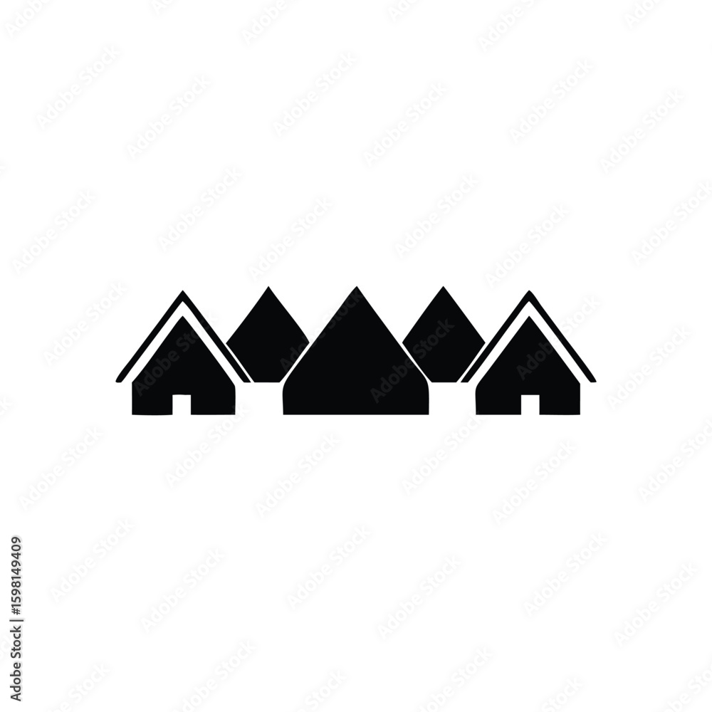 Black silhouette depicts simplified structures, some resembling homes, set on a transparent background Black silhouette depicts simplified structures, some resembling homes, set on a transparent background