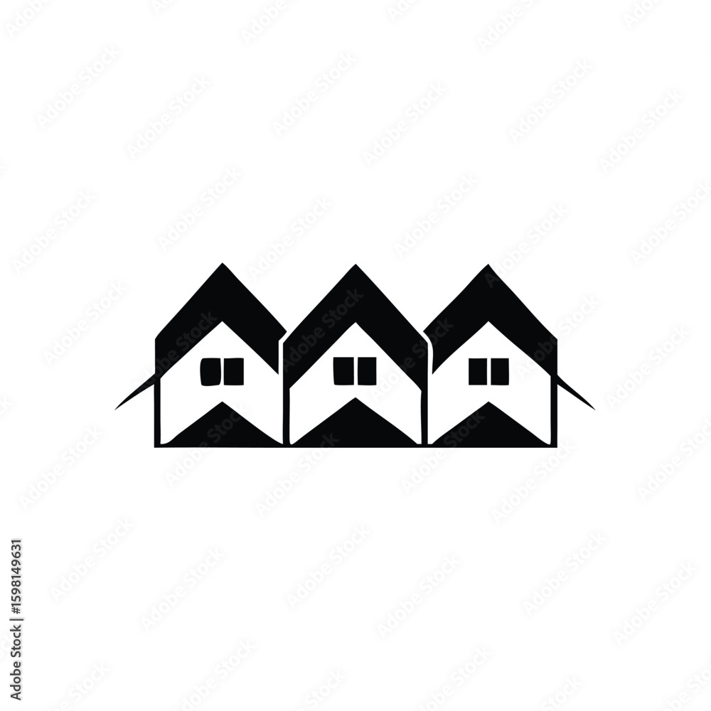 Three identical black houses stand together with a common base, displayed with transparent background Three identical black houses stand together with a common base, displayed with transparent background