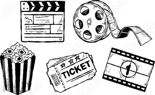 Hand drawn doodle set related to Cinema and Movie. Including clapperboard, film roll, ticket, popcorn