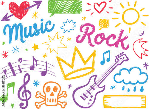Music sketch heart star vector set chalk crayon marker stroke music sketch color elements. Vector illustration Colorful Doodle Elements Set Hand Drawn Icons Including Guitar, 