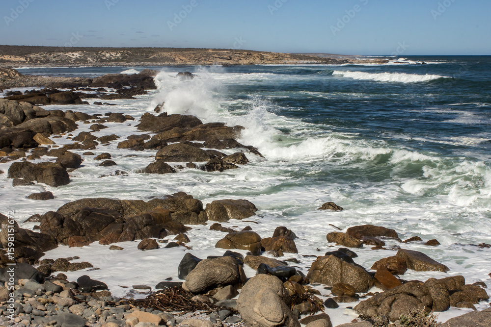 Obraz premium Waves crashing along the rocky western coast of South Africa, photographed in the Coastal Section of the Namaqua National Park on a clear sunny day