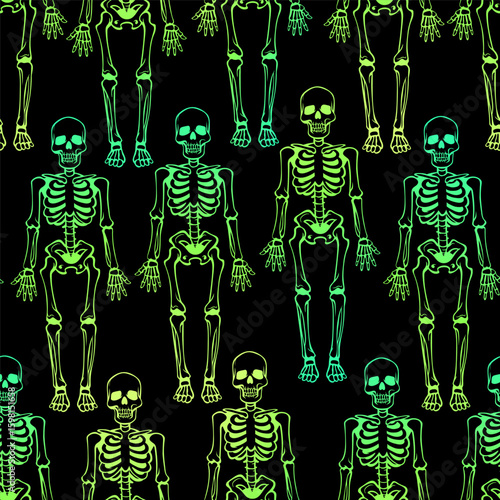 Stylized repeating green skeletons. Seamless vector pattern