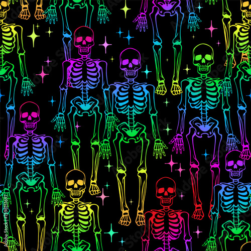 Rainbow bright repeating skeletons. Seamless vector illustration