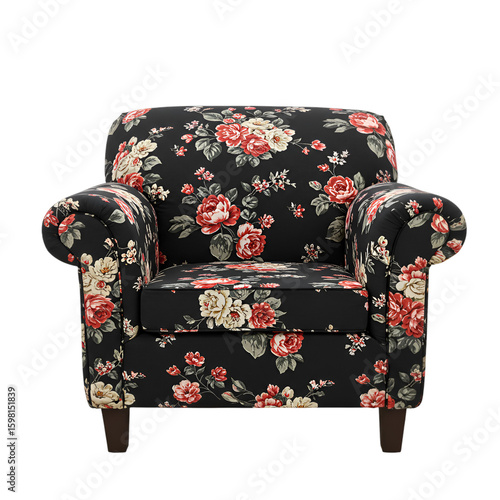 Isolated Armchair Upholstered In Black Red Rose Floral Fabric