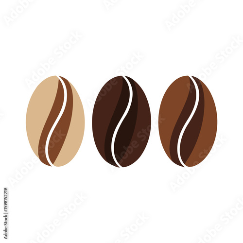 Three Stylized Coffee Beans in Varying Roasts Light, Medium, and Dark on White Background