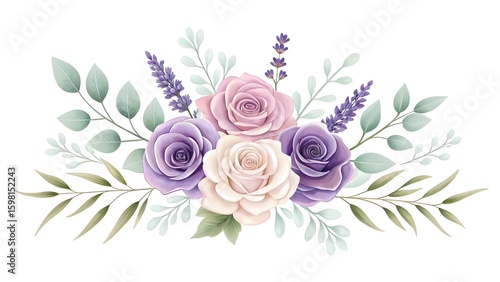 Elegant watercolor floral arrangement featuring soft hues of roses and lavender with delicate greenery