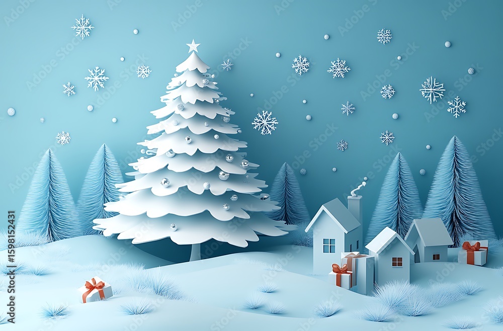 Naklejka premium Winter Wonderland Scene With Snowy Trees And Houses christmas festive