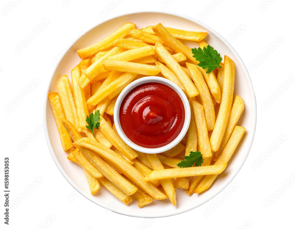 French fries with ketchup on a white plate, isolated on transparent background French fries with ketchup on a white plate, isolated on transparent background