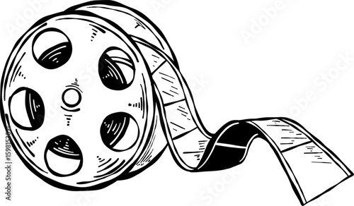 Hand drawn movie film roll icon. Doodle film roll vector illustration in line art style.
