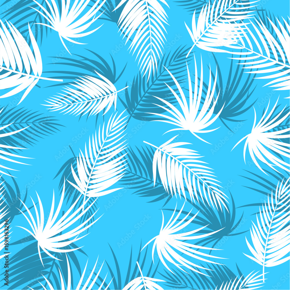 Naklejka premium Seamless pattern with palm leaves on blue background. Vector illustration.