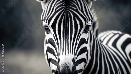 Close-up of a zebra's face displaying black and white stripes.