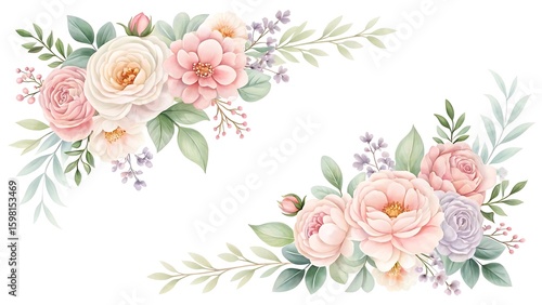 Elegant watercolor floral arrangements featuring soft pink and cream roses with delicate greenery