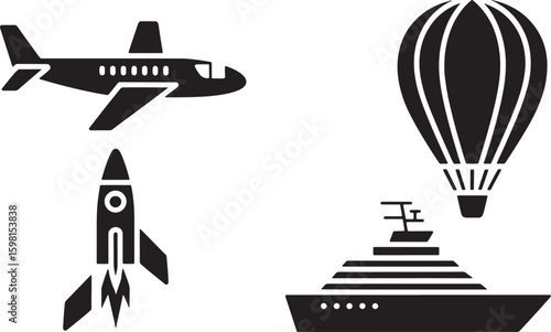 Transportation Icon Set Vector Illustration Airplane Rocket Ship Hot Air Balloon