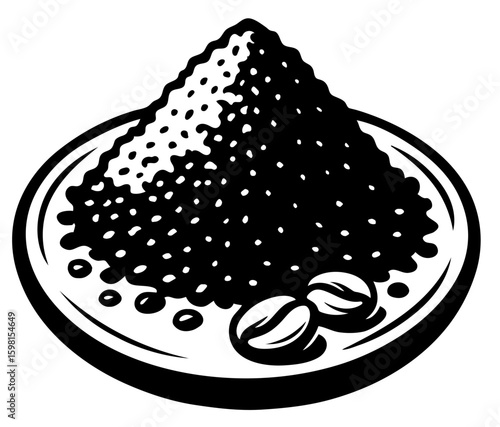 A close up of a plate coarsely ground coffee with a pile of coffee beans on top.