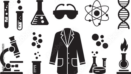 Science and Chemistry Vector Icons Set Featuring Microscope, Beakers, and Chemical Structures
