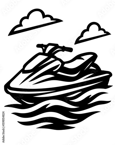 A black and white drawing of a jet ski on the water