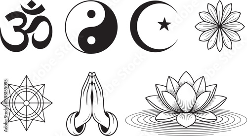 Diverse Spiritual Symbols Collection Om, Yin Yang, Crescent, Star, Lotus, Hands in Prayer, Wheel