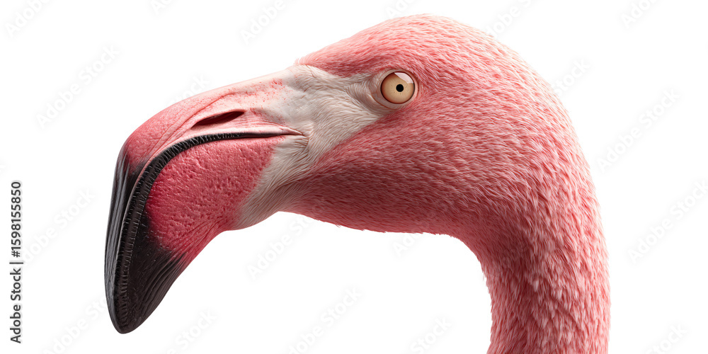 Fototapeta premium Closeup portrait of a pink flamingo head with detailed beak and eye on black background Concept of exotic birds, wildlife, and nature photography