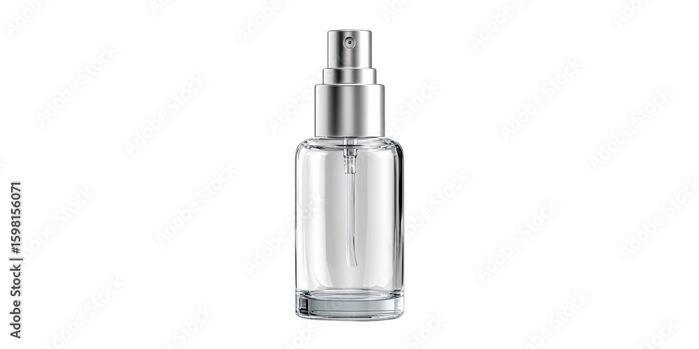 Obraz premium Clear glass spray bottle with silver cap for cosmetic product, showcasing minimalist design and hygiene concept for skincare, aromatherapy, or sanitizer