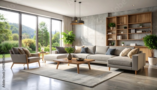 Living Room Interior Design with Nature View and Modern Furniture