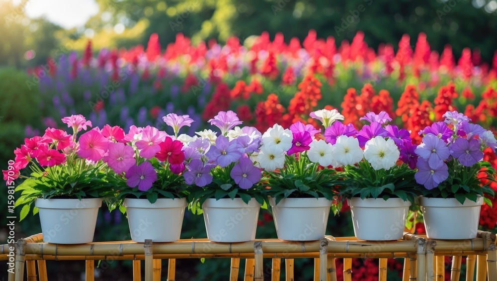 Fototapeta premium Rows of colorful potted flowers outdoors with vibrant blooms and lush greenery. Gardening, floral display, and nature scene. Bright and lively garden setting.