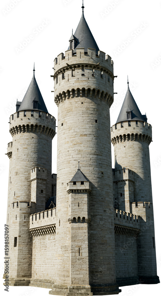 Fototapeta premium Isolated Medieval Castle with Three Towers on Transparent Background