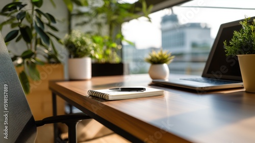 A minimalist modern office desk with natural light and blurred surroundings